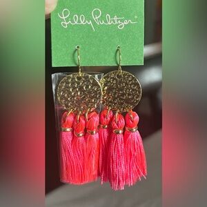 Lilly Pulitzer Pink Gold Tone Hammered
Disk Earrings Fringe Gold and Pink Tassel
